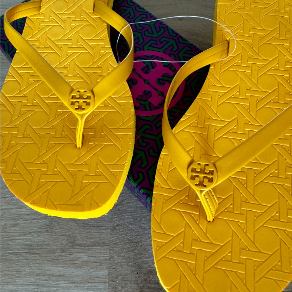 Tory Burch Yellow Caning Emboss SQUARE Front Flip Flops